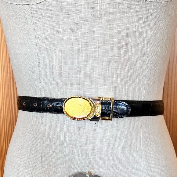 Vintage Gator Cowhide Black Textured Belt Gold Hardware Rhinestones main image 6